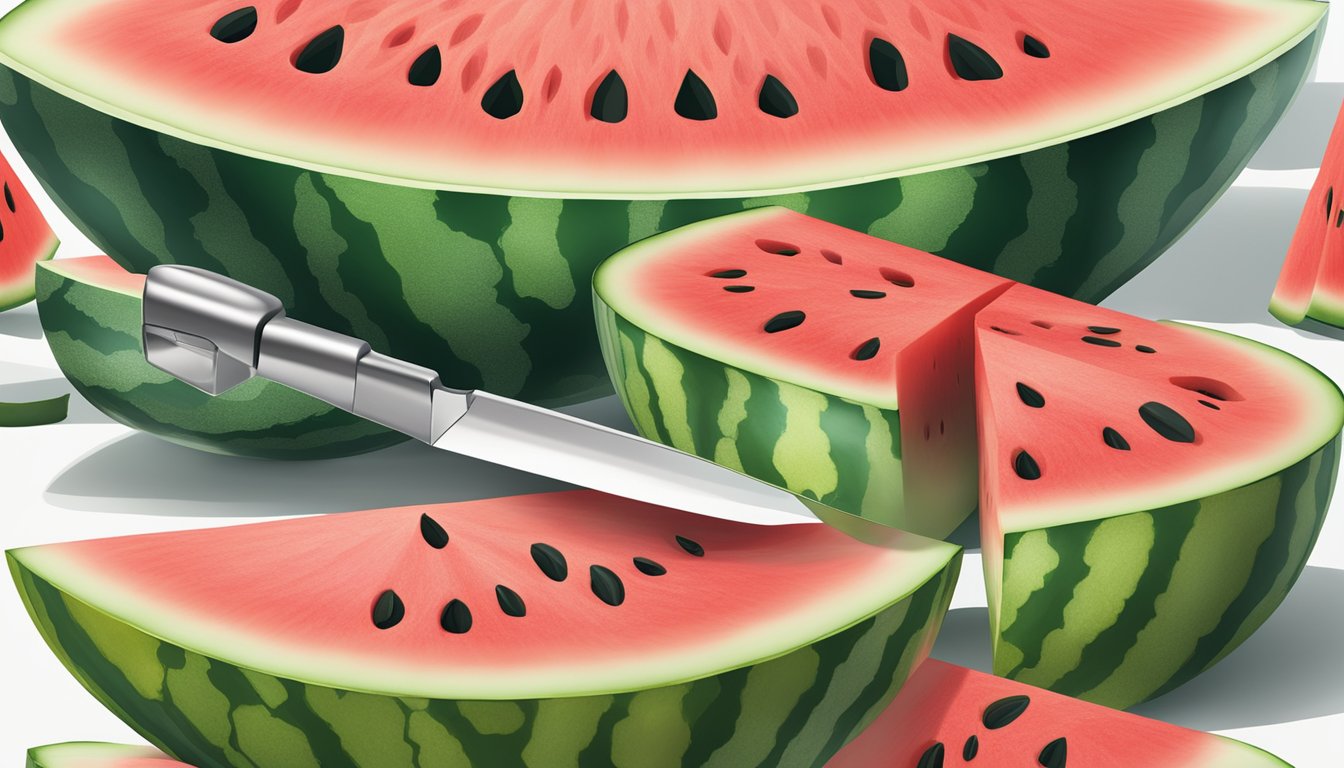 A watermelon slicer cuts into a ripe watermelon, cleanly separating the fruit into neat, even slices. Juice glistens on the red flesh as the tool effortlessly glides through