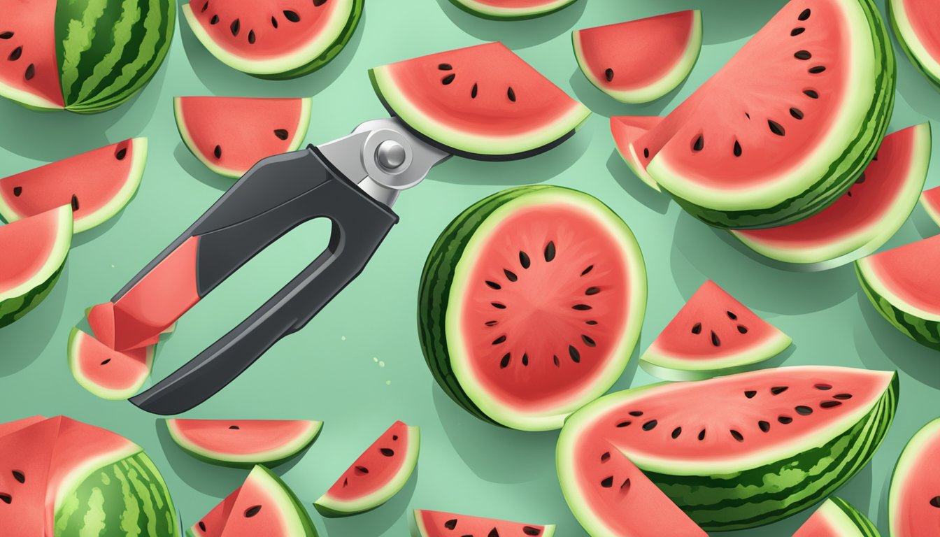 A watermelon slicer cutting through a ripe watermelon, creating perfect slices ready to be served