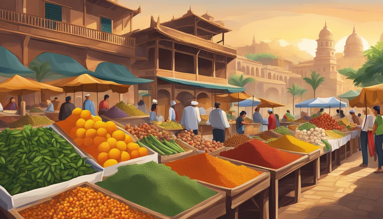 A bustling outdoor market with colorful spices, exotic fruits, and diverse ingredients from around the world, set against a backdrop of traditional architecture