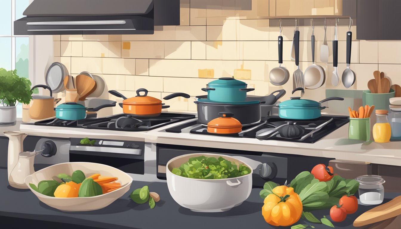 A bustling kitchen with multiple pots and pans on the stove, various ingredients on the counter, and a timer ticking away