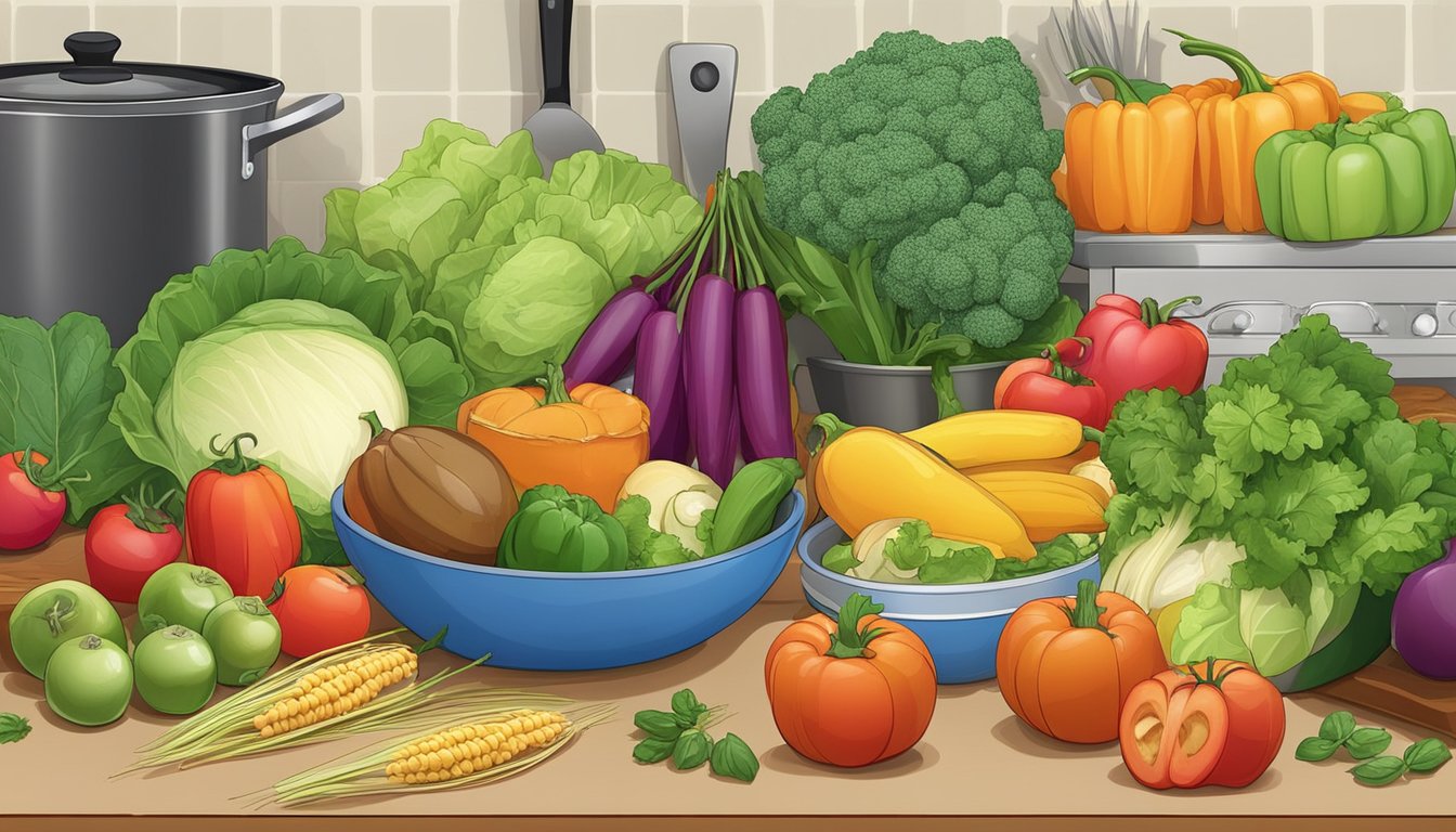 A colorful array of fresh vegetables, fruits, and grains spread out on a kitchen counter, with pots and pans ready for cooking