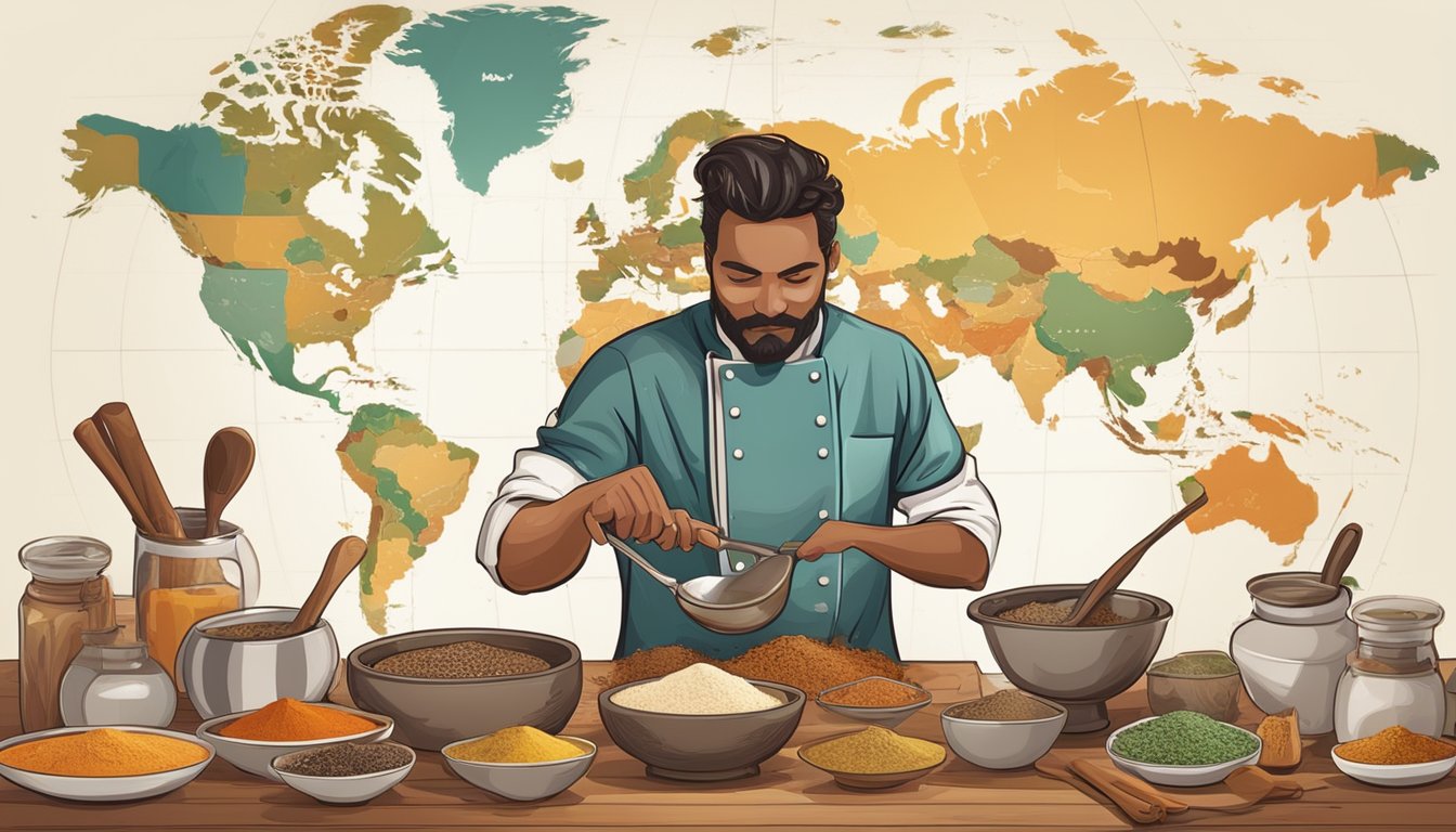 A chef blending spices from different countries, surrounded by exotic ingredients and cooking utensils, with a world map in the background