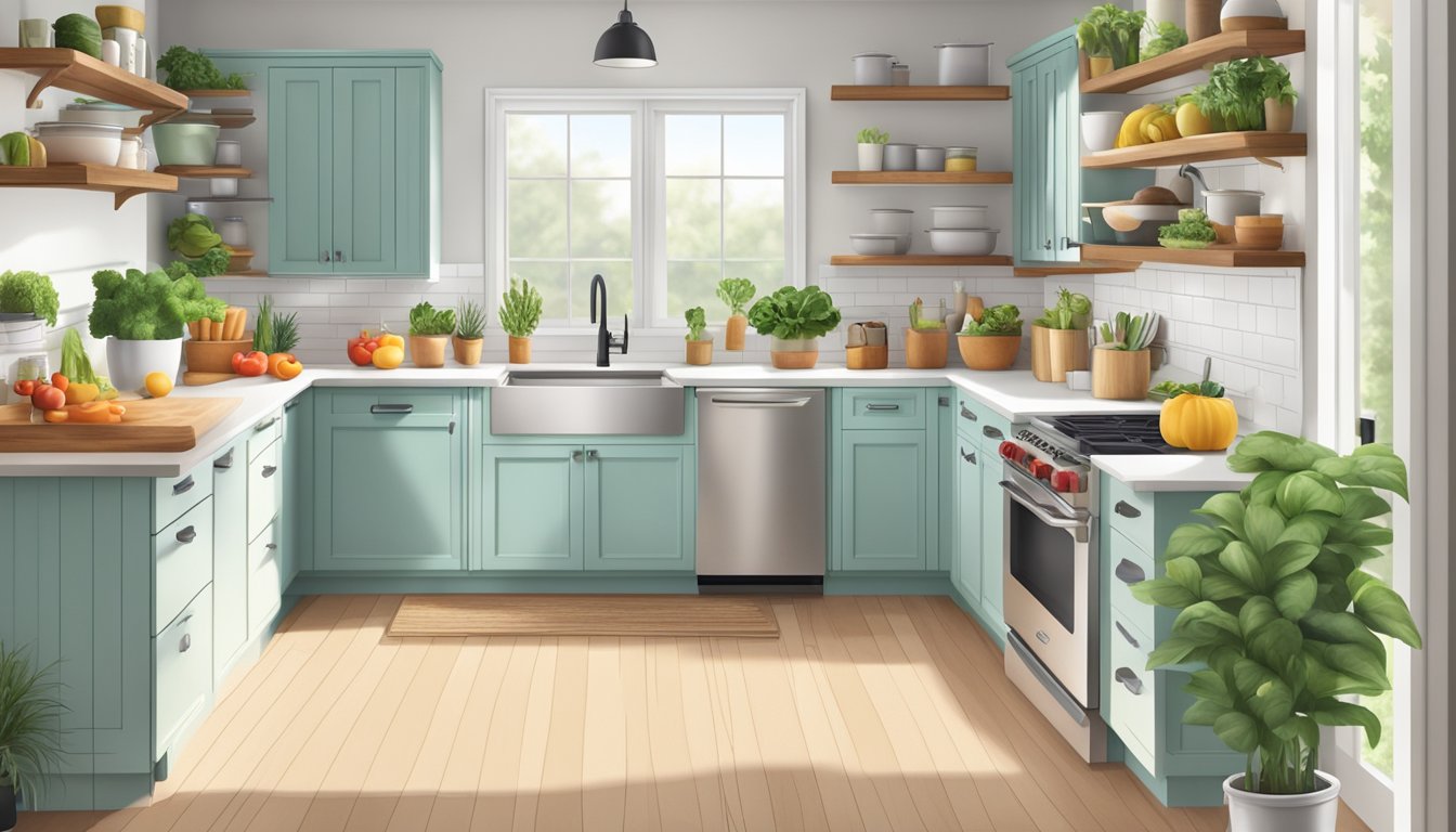 A bright, organized kitchen with fresh produce, plant-based ingredients, and cooking utensils neatly arranged on countertops and shelves