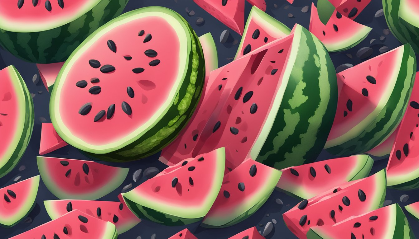 A watermelon knife slicing through a juicy watermelon, with seeds and pink flesh visible