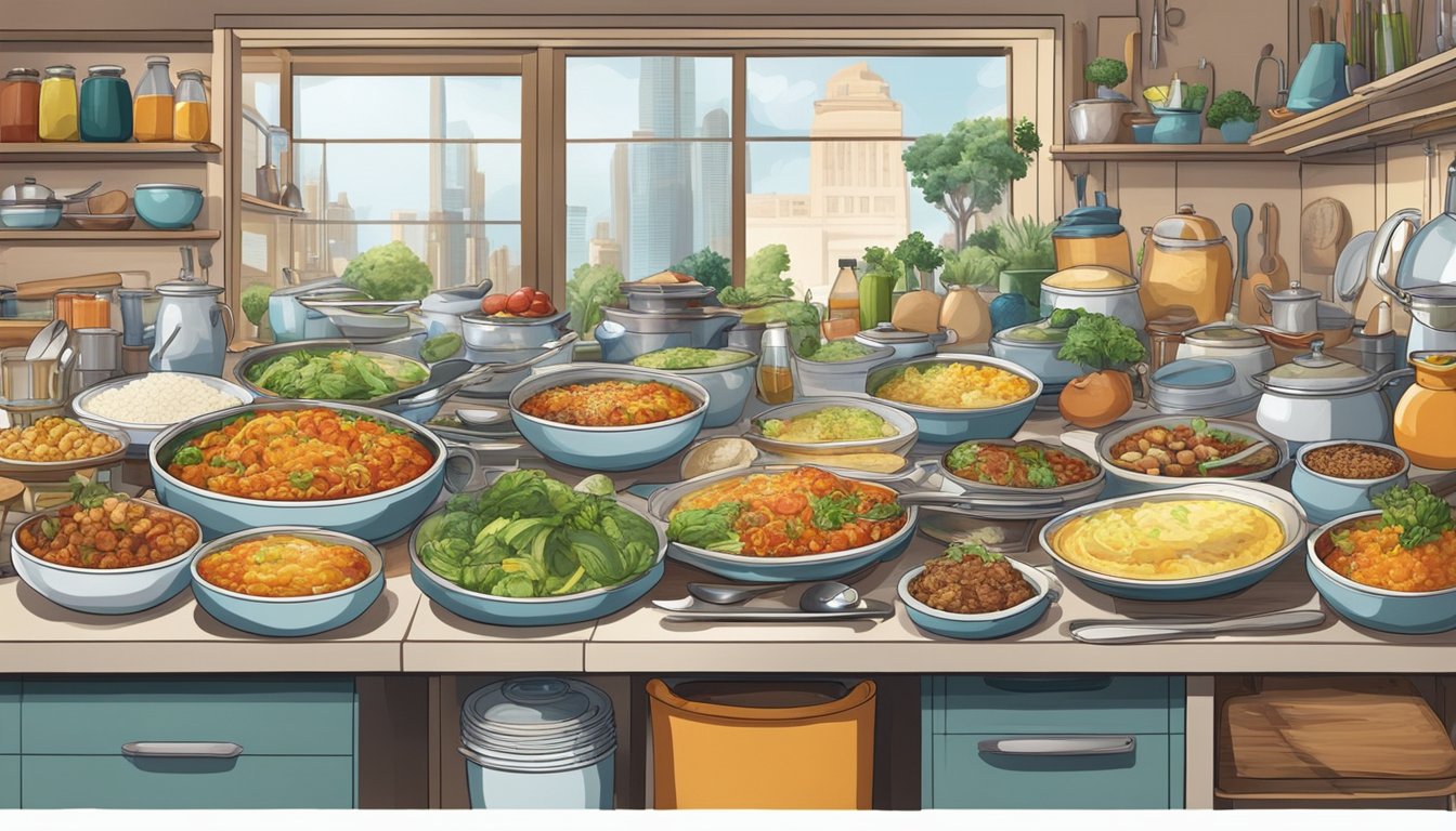 A colorful array of global dishes being prepared in a bustling kitchen, with ingredients and cooking utensils from various cultures on display