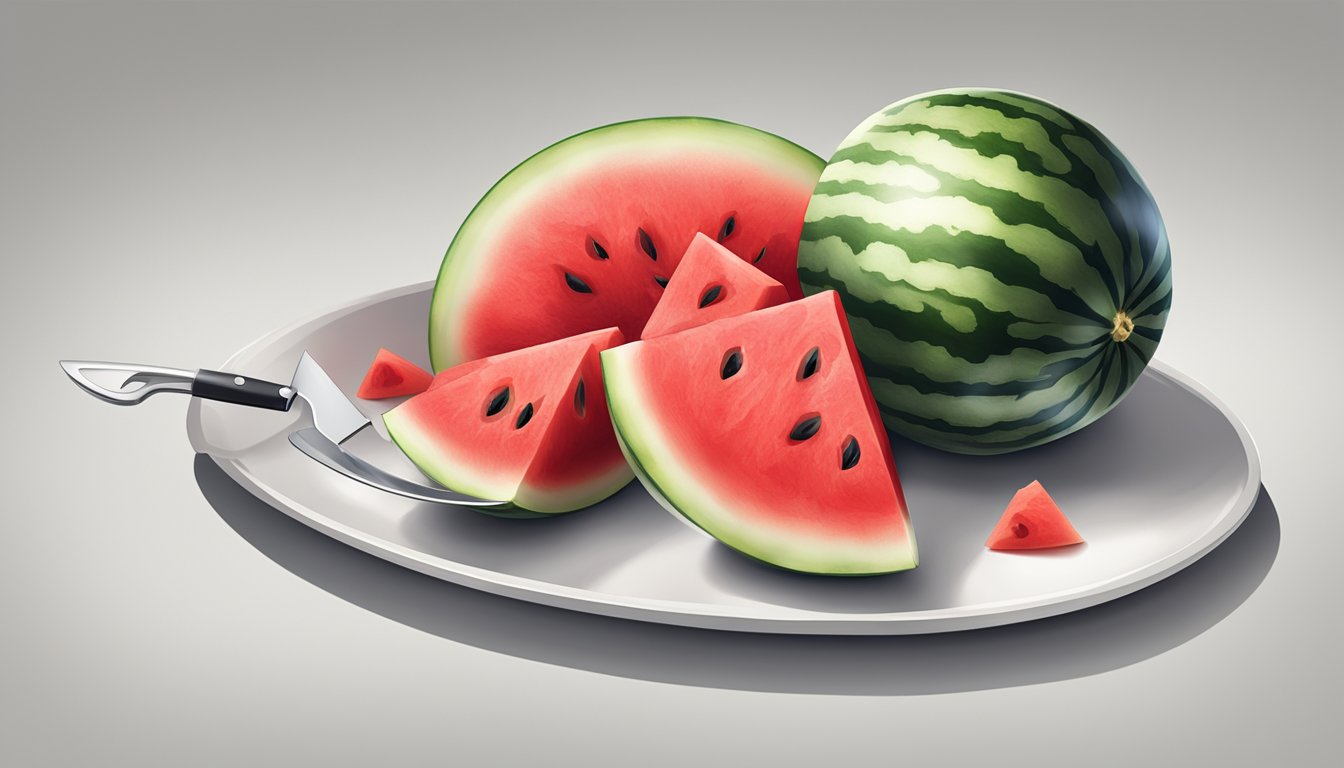 A watermelon cutter slicing through a ripe watermelon, with juicy red fruit being neatly cut into even pieces on a clean white serving platter