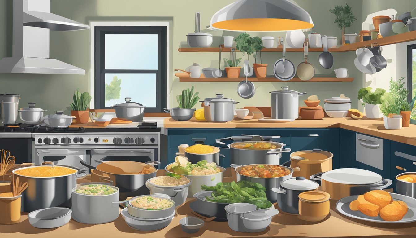 A bustling kitchen with multiple pots and pans on the stove, various ingredients scattered on the counter, and a large dining table set for a crowd