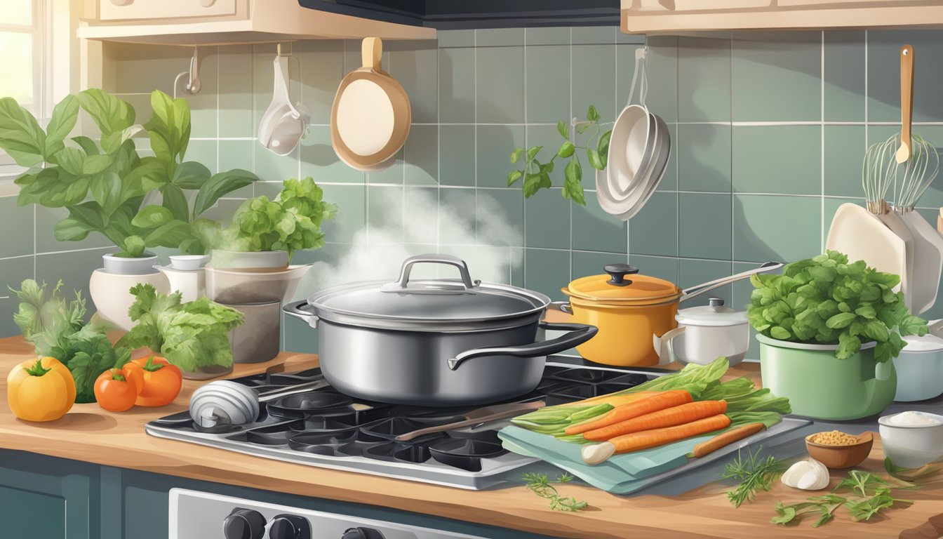 A kitchen counter with various plant-based ingredients, pots, and pans. A cookbook open to a vegan recipe. A steaming pot on the stove