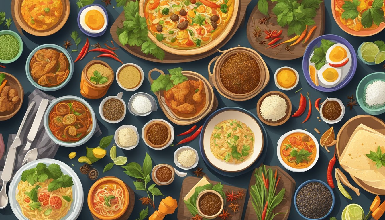 A colorful array of international dishes spread out on a communal table, with exotic spices and cooking utensils scattered around