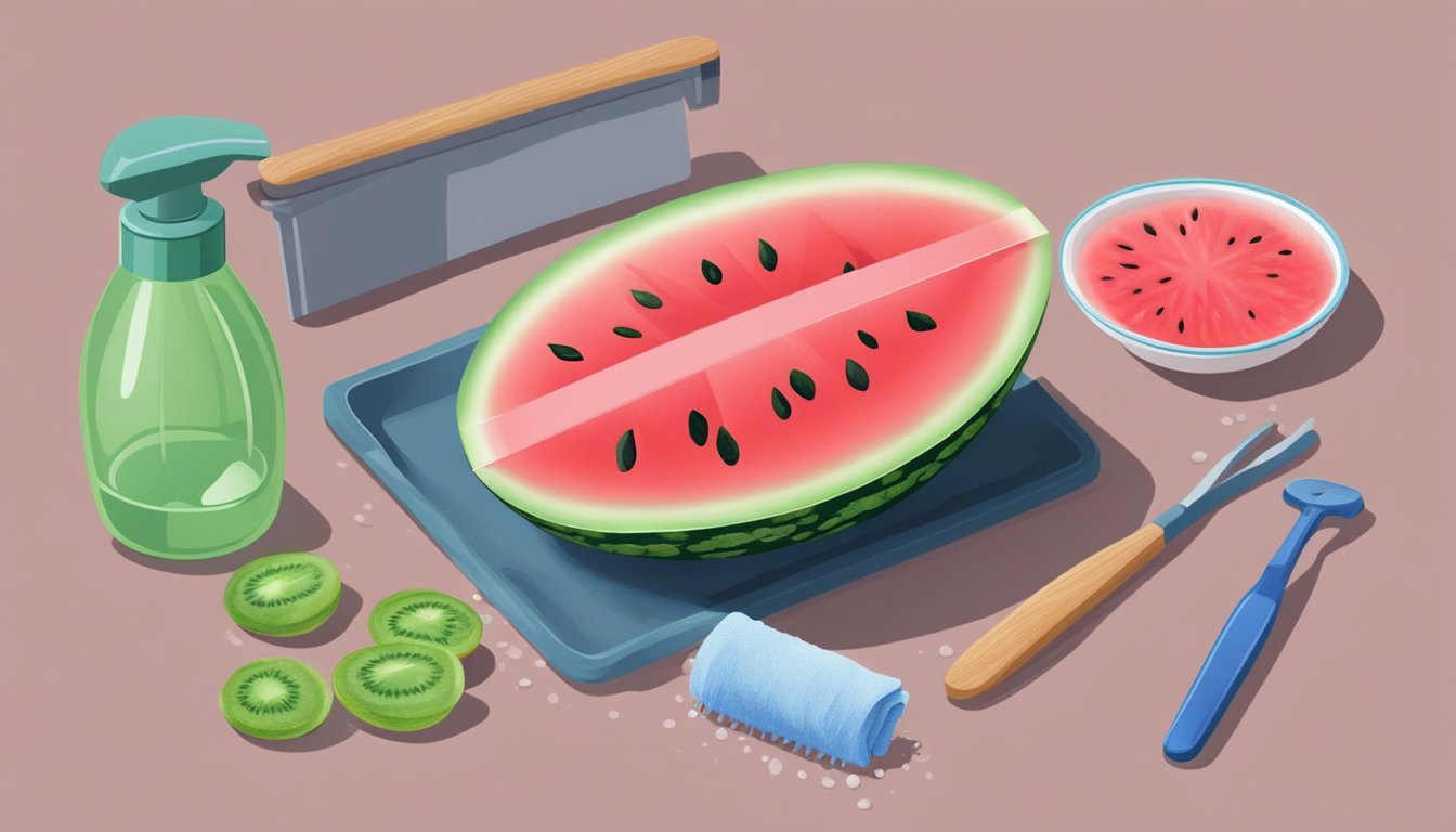 A watermelon slicer is being cleaned with a brush under running water. A small bowl of soapy water and a towel are nearby for maintenance