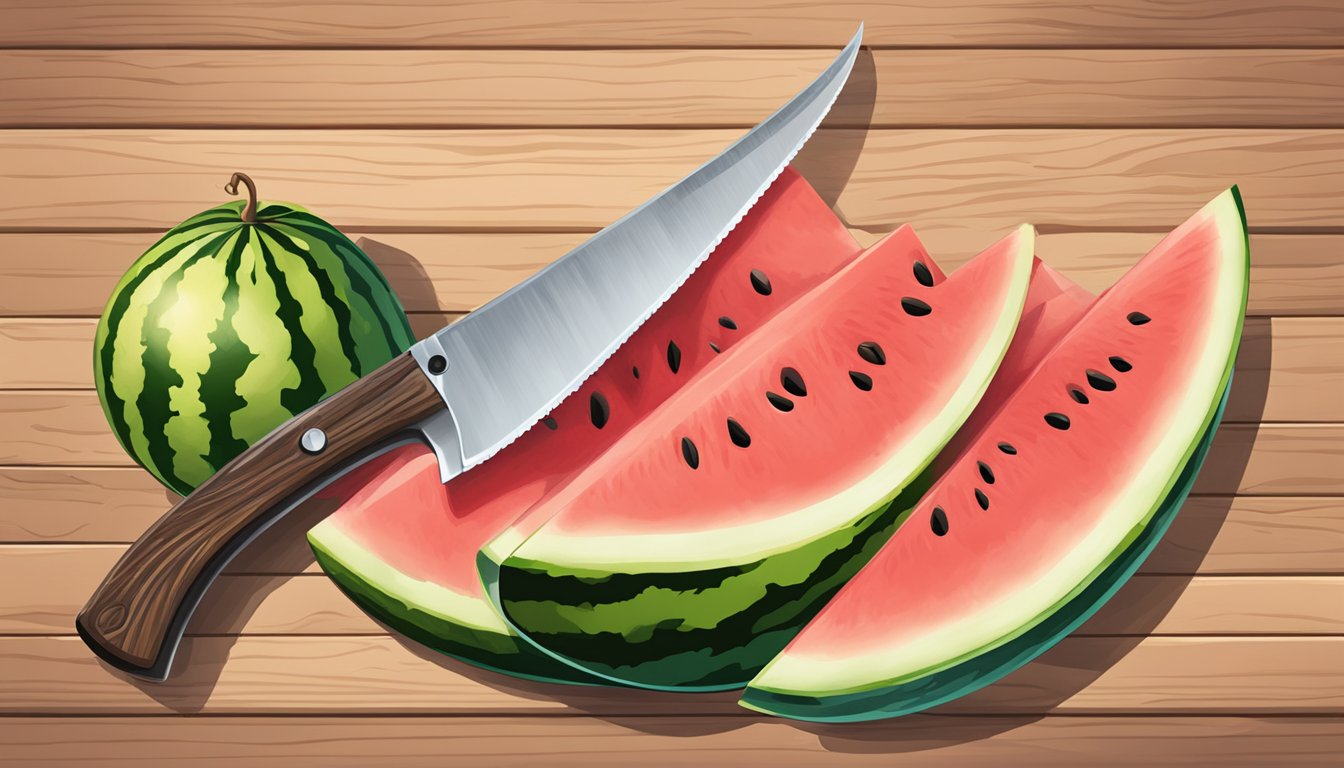 A watermelon knife being cleaned and oiled on a wooden cutting board