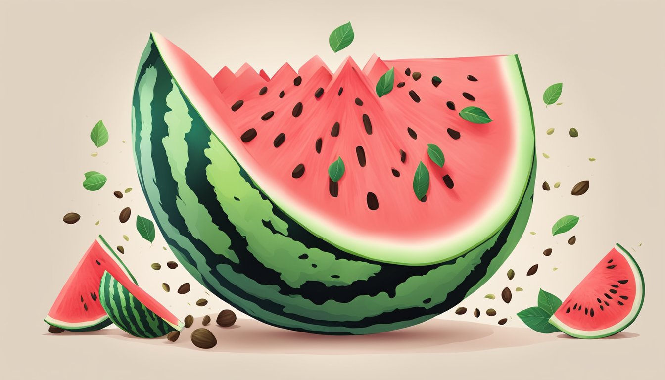 A watermelon cutter slicing through a large watermelon, with juicy red fruit and seeds spilling out