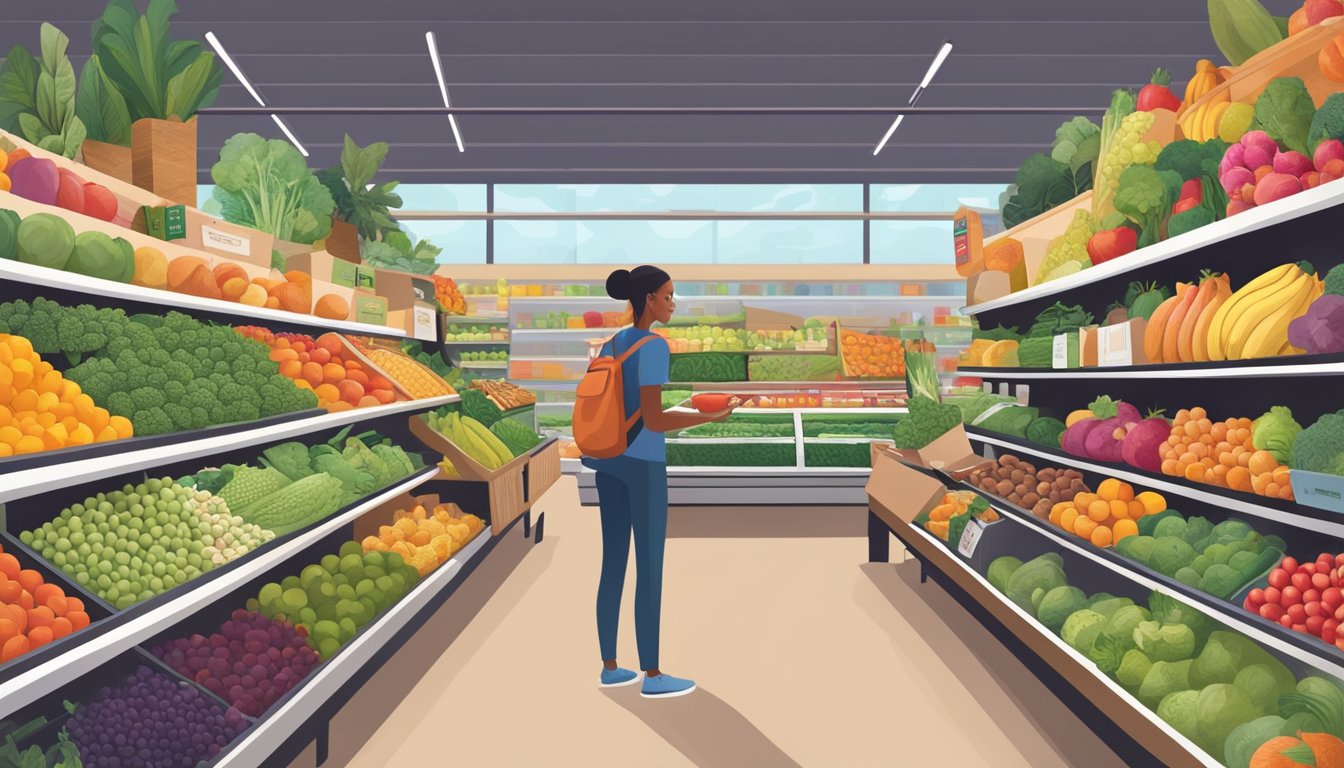 A person browsing through a colorful array of fresh fruits, vegetables, nuts, and plant-based products at a bustling vegan grocery store