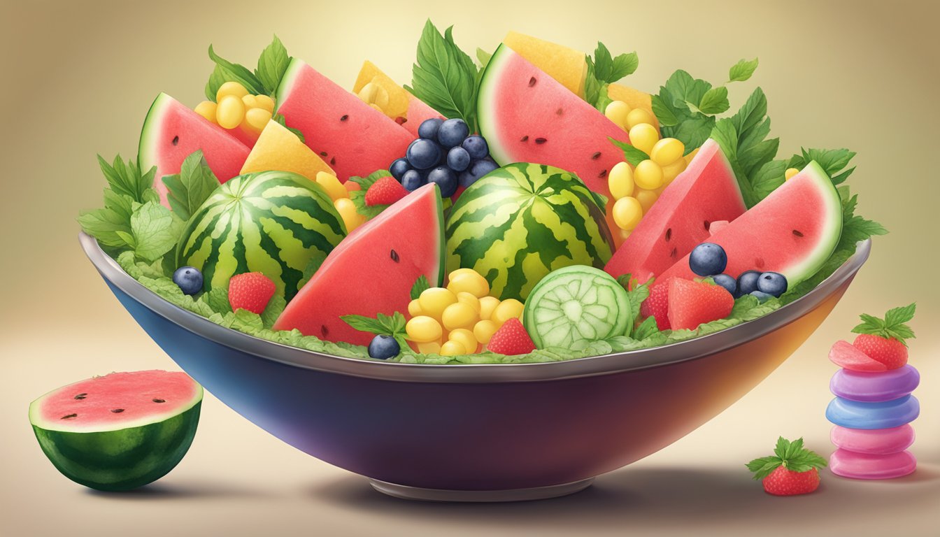 A watermelon bowl filled with colorful dressings and flavor enhancers