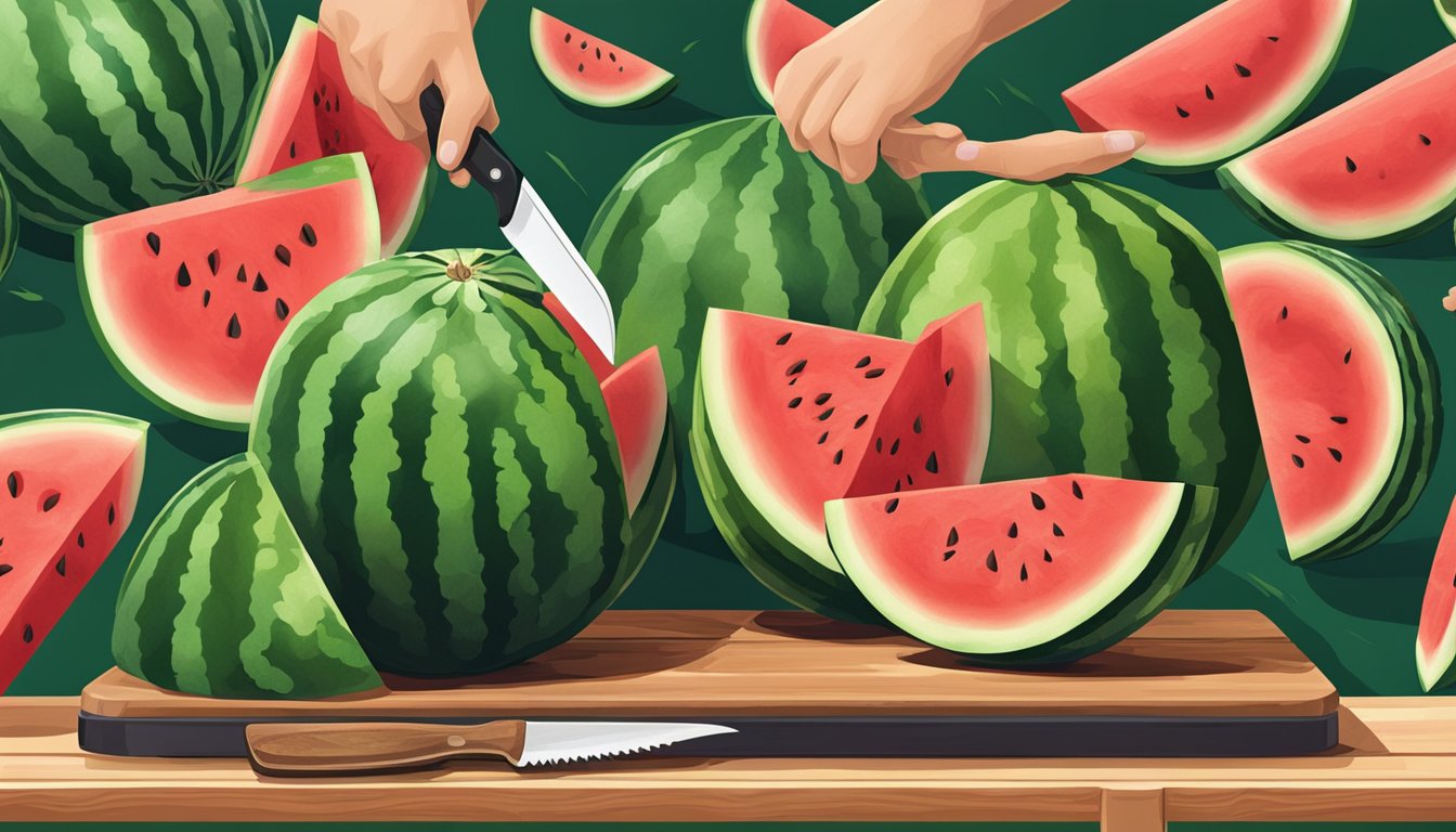 A watermelon knife slicing through a juicy watermelon on a cutting board with a hand reaching for a slice