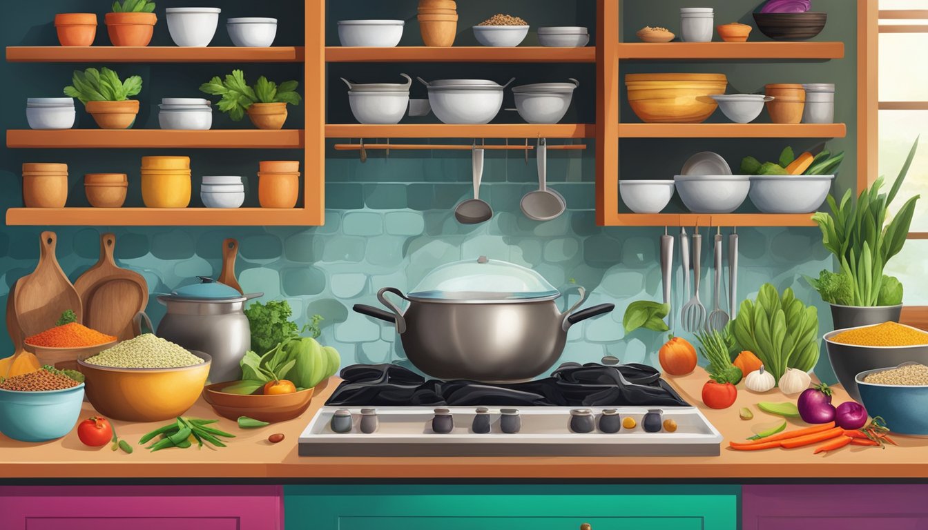 A kitchen filled with colorful spices, fresh produce, and exotic ingredients from around the world, with cookbooks open to different regional cuisines