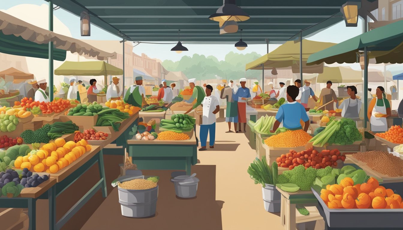 A bustling farmers market with colorful produce, spices, and local vendors. A chef's kitchen filled with exotic ingredients and cooking utensils