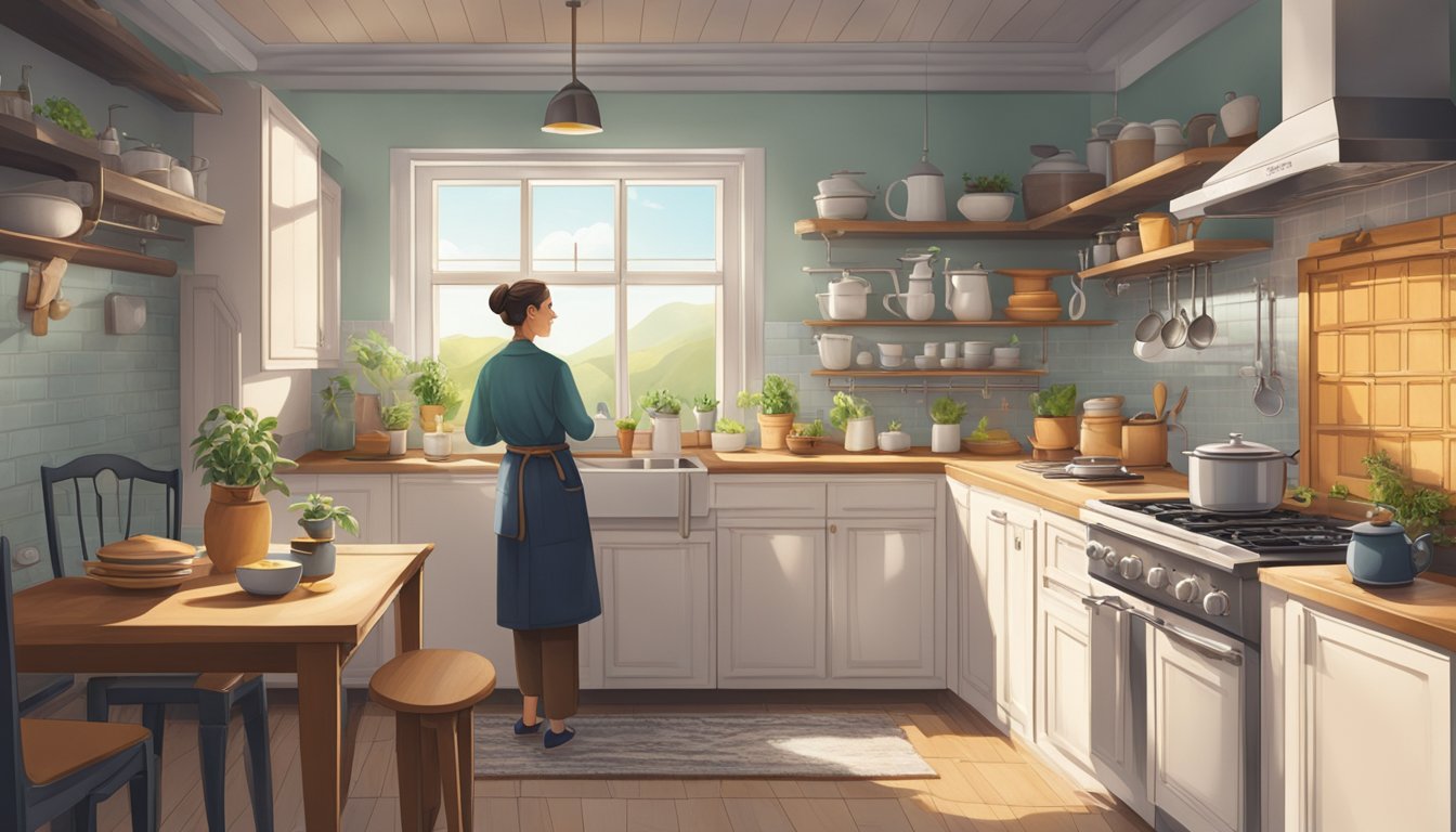 A serene kitchen with organized ingredients, a steaming pot on the stove, and a person sitting at a table with a cup of tea, gazing out the window