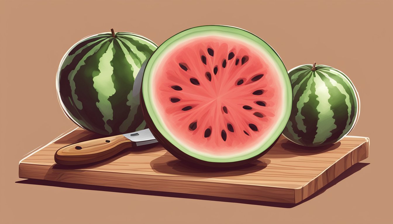 A watermelon quarter being sliced with a knife on a wooden cutting board