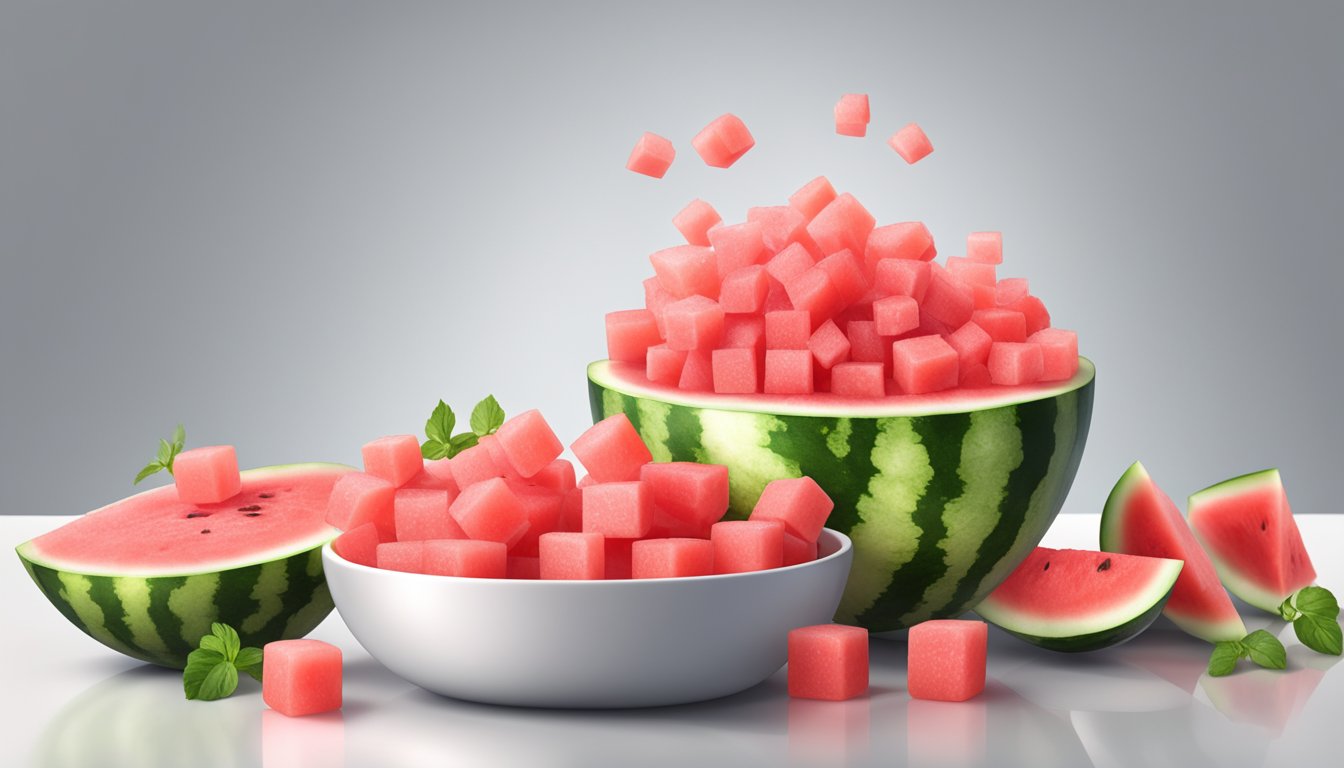 A measuring cup filled with watermelon cubes, spilling out onto a white countertop