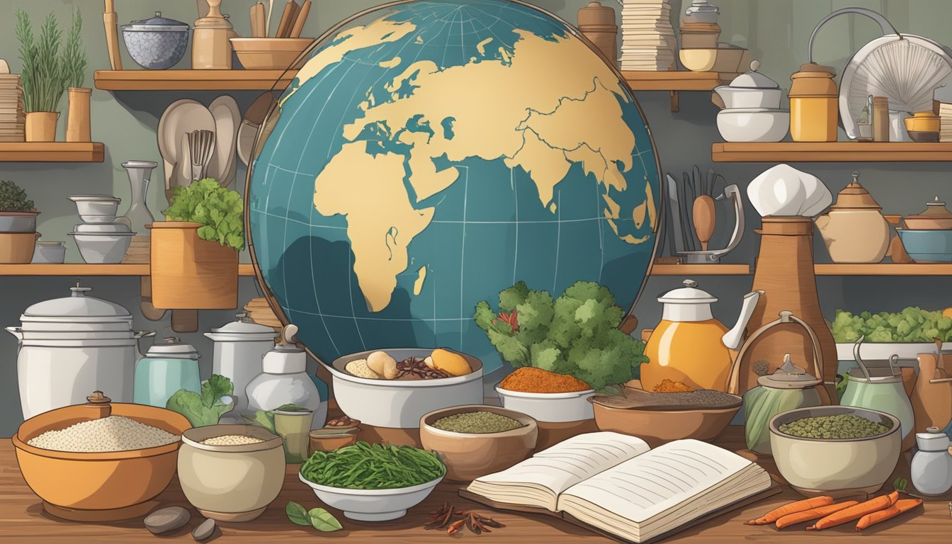 A bustling kitchen filled with diverse ingredients, spices, and cooking utensils from around the world. A globe sits nearby, surrounded by cookbooks in different languages