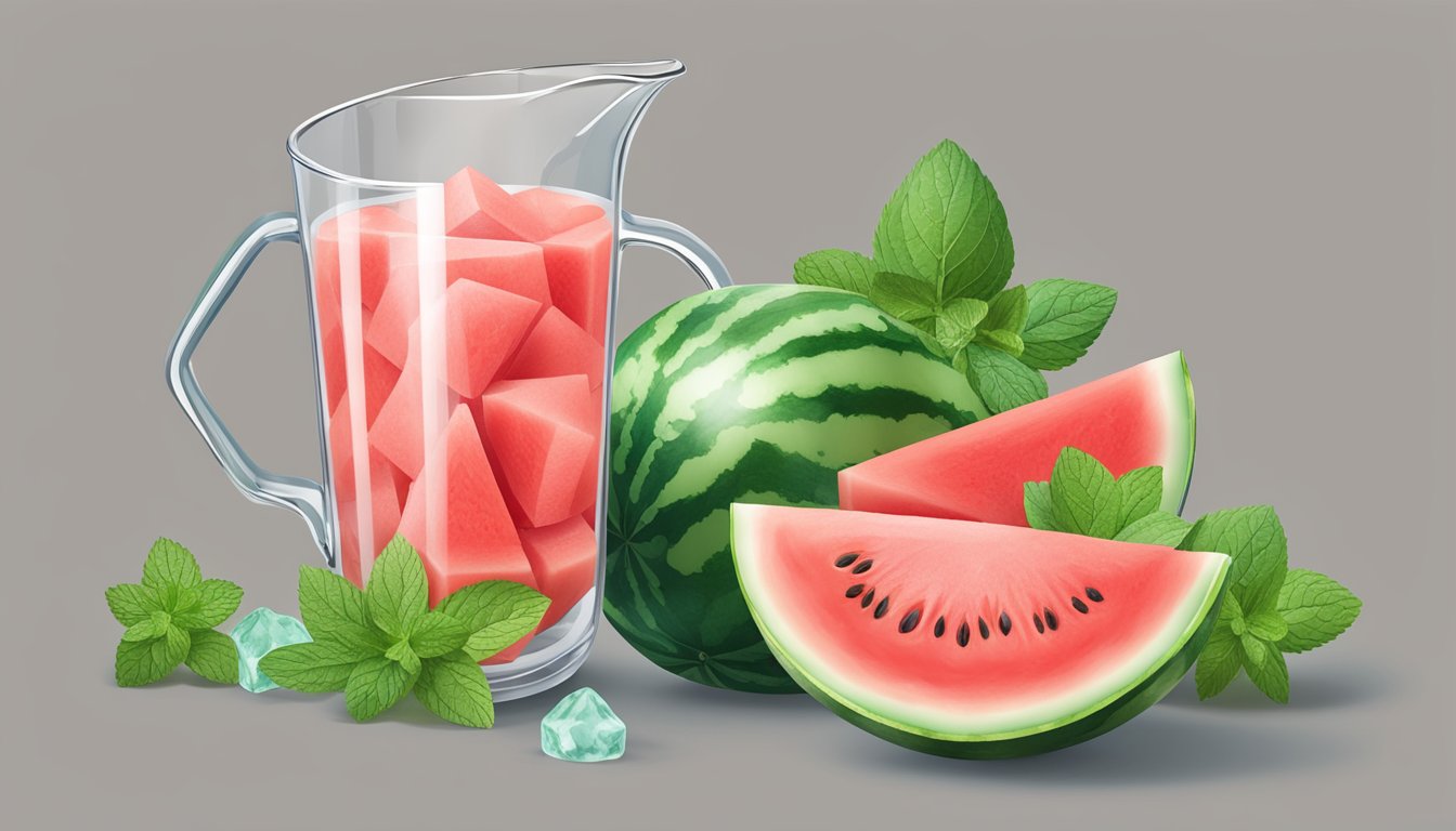 A clear measuring cup filled with watermelon cubes, surrounded by fresh watermelon slices and a sprig of mint