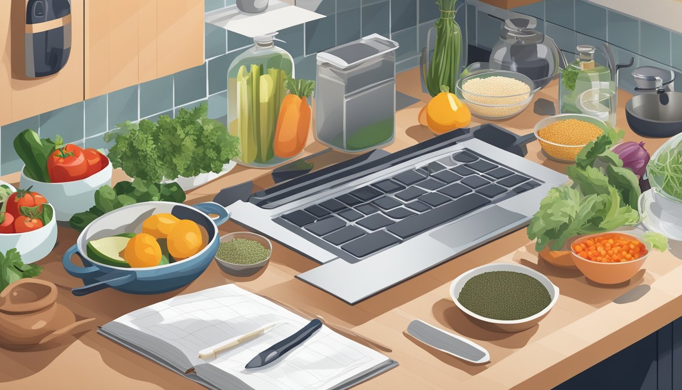 A kitchen counter with various ingredients and cookware, including fresh produce, spices, and alternative dietary options. A cookbook open to a recipe, with a laptop nearby for research