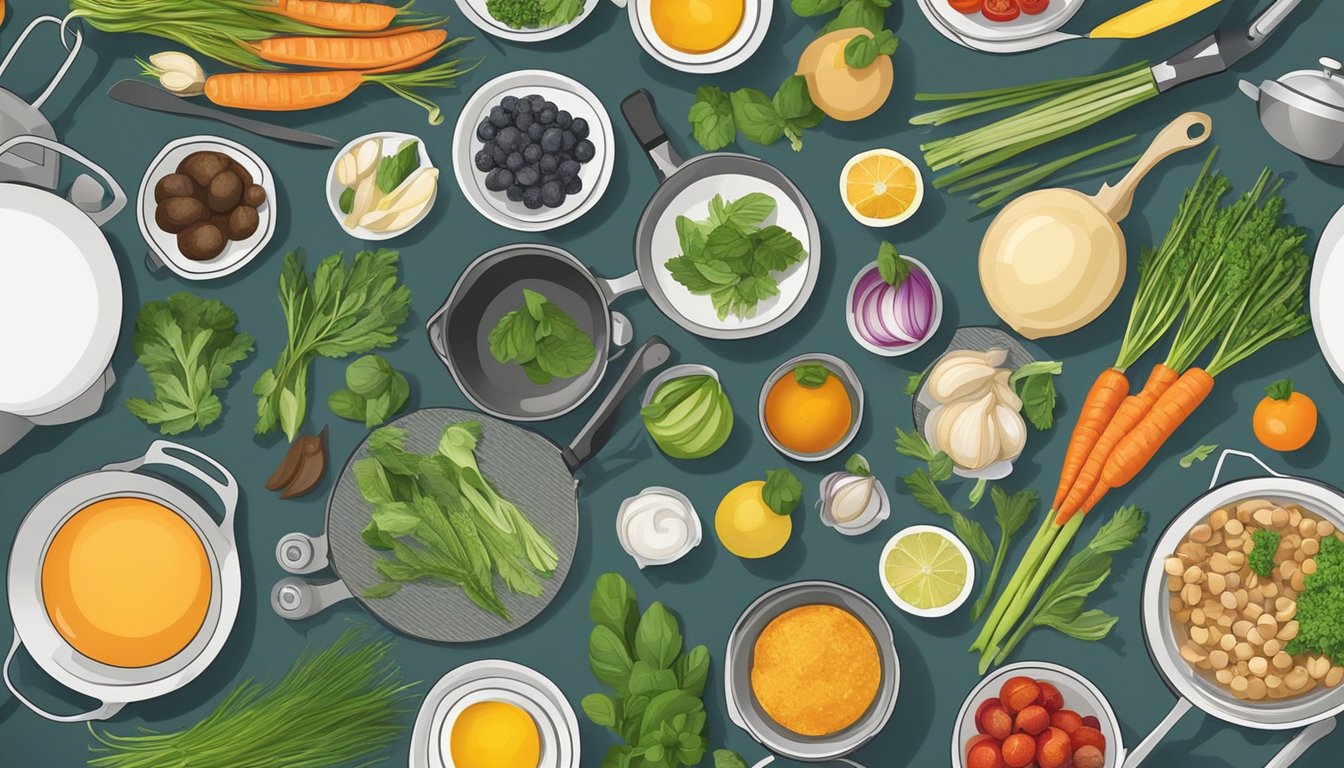 A kitchen counter with a variety of fresh ingredients, pots, pans, and utensils laid out in preparation for a culinary journey at home