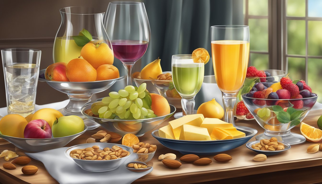 A table set with an assortment of colorful fruits, nuts, and cheese, accompanied by a variety of drinks in elegant glassware