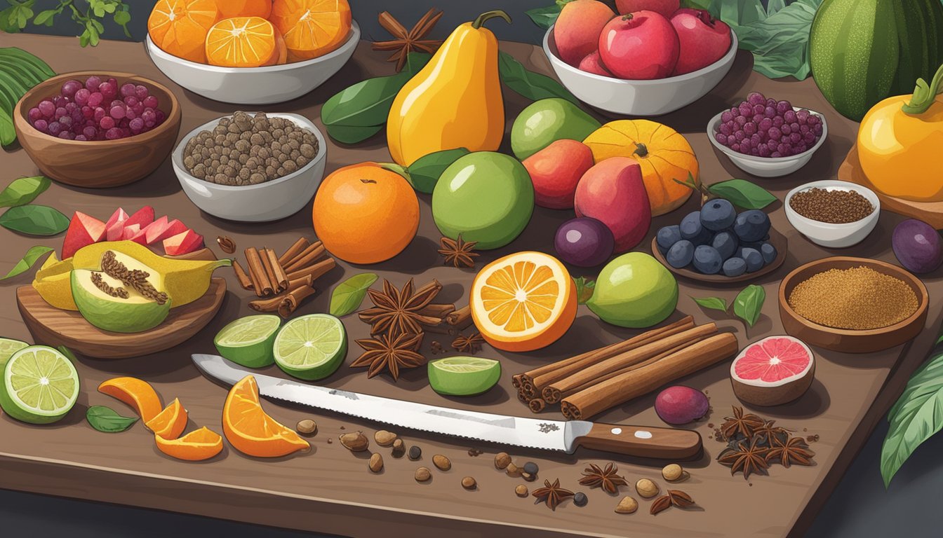 A colorful array of exotic fruits and spices spread out on a kitchen counter, with a chef's knife poised to create unique flavor pairings