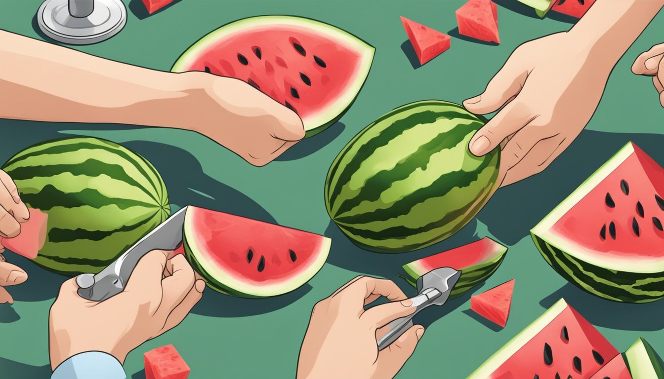 A hand reaching for a ripe watermelon, a knife slicing it into cubes, and a measuring cup ready to receive them