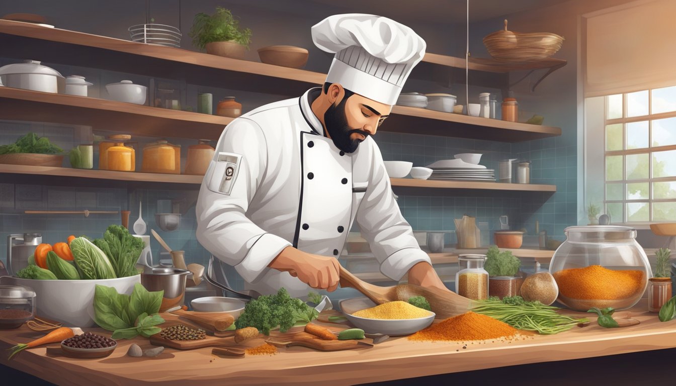 A chef expertly combines ingredients from different cuisines, blending spices and techniques in a modern kitchen