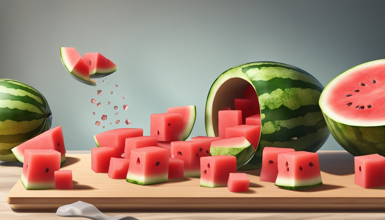 A measuring cup filled with watermelon cubes spilling out onto a cutting board