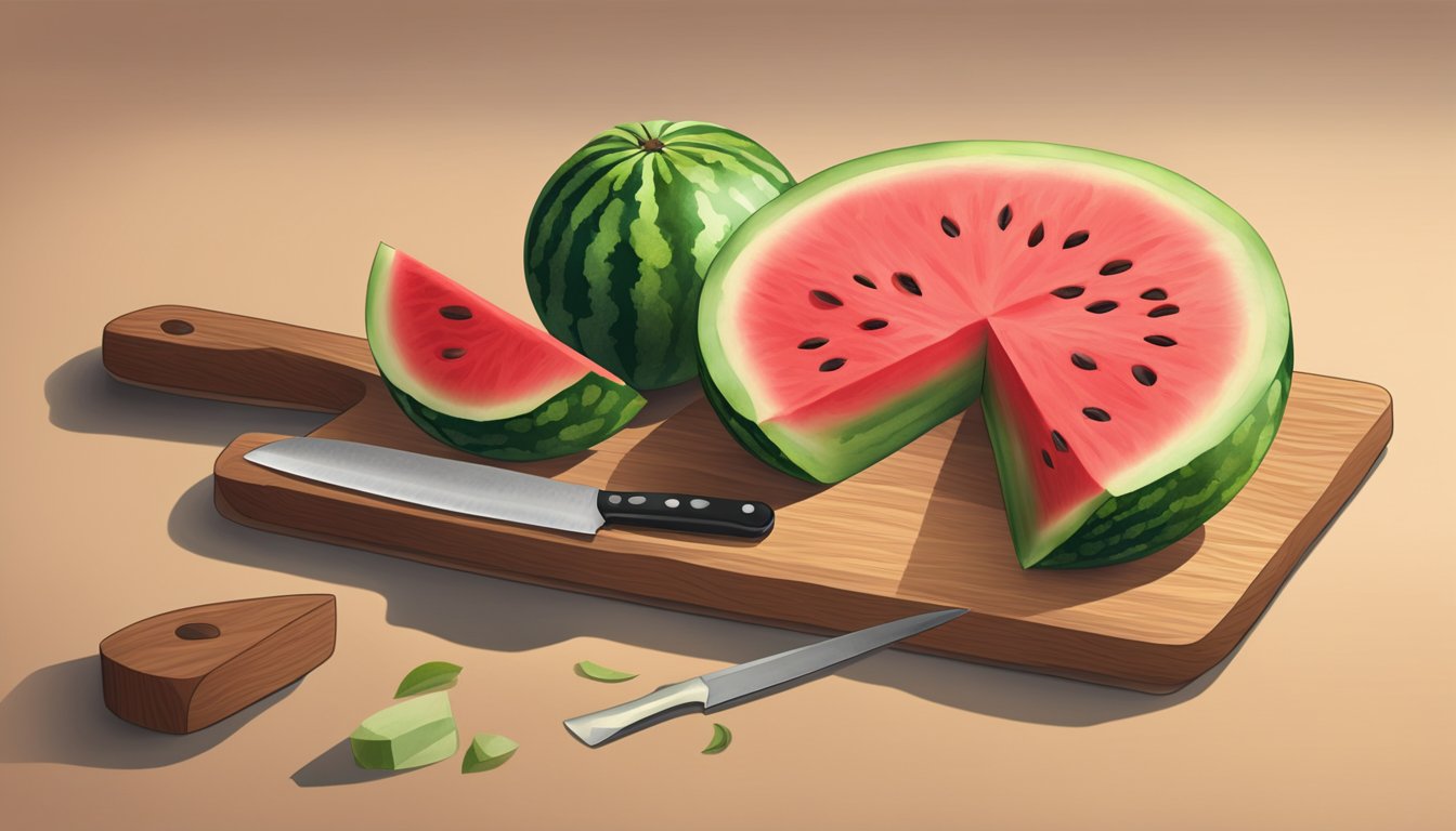 A watermelon slice sits on a cutting board with a knife nearby. A rubbery texture is evident as the fruit is being cut into pieces