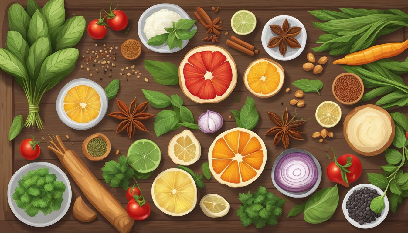 A variety of fresh and colorful ingredients are spread out on a wooden cutting board, including exotic spices, herbs, and unique produce from different culinary traditions