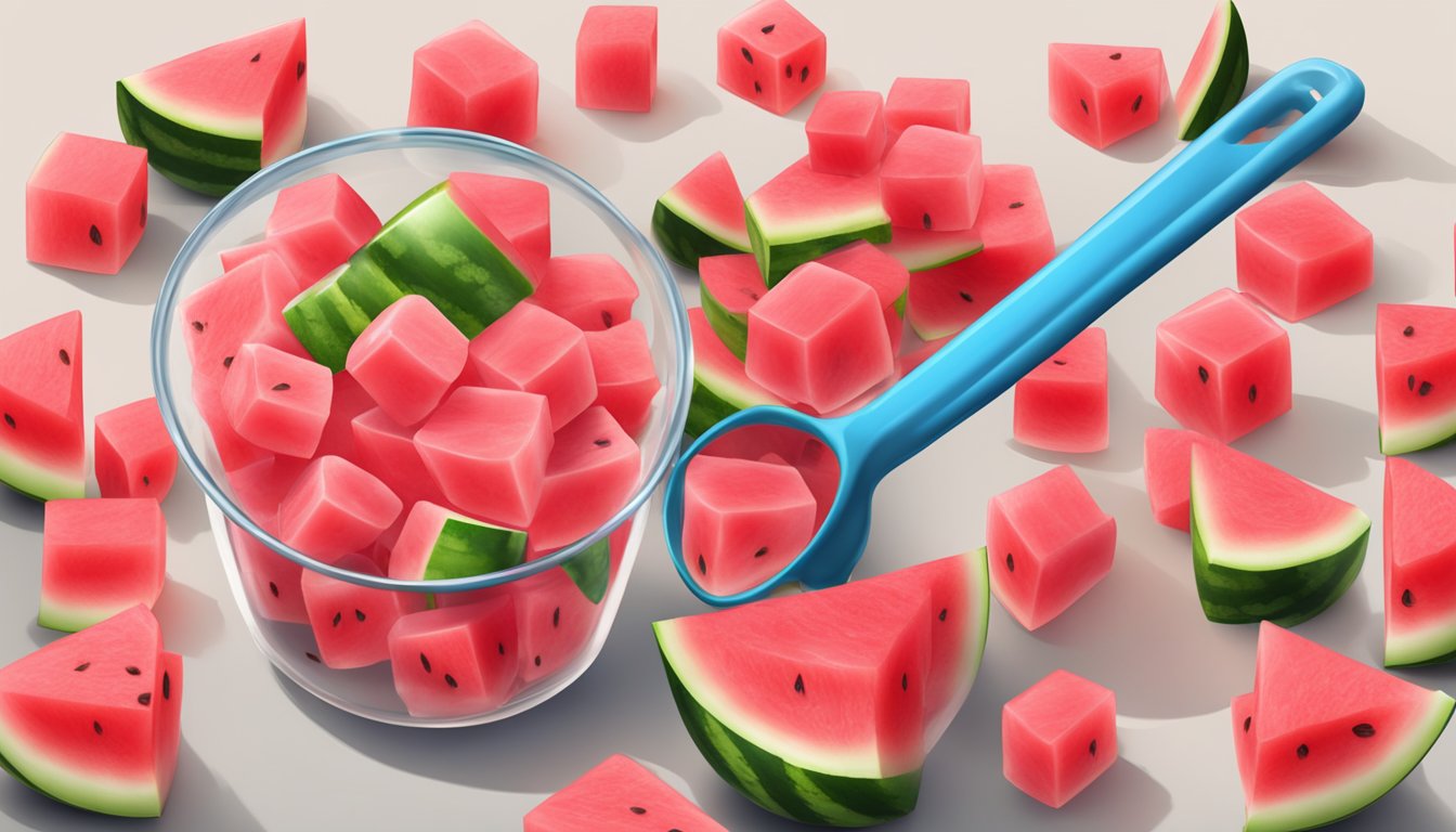 A clear measuring cup filled with watermelon cubes