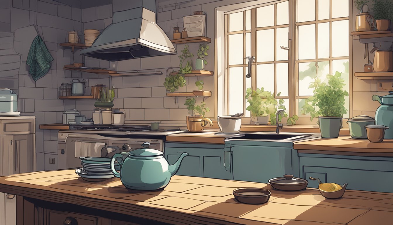 A dimly lit kitchen with a steaming pot on the stove, a stack of recipe books, and a mug of herbal tea on the counter