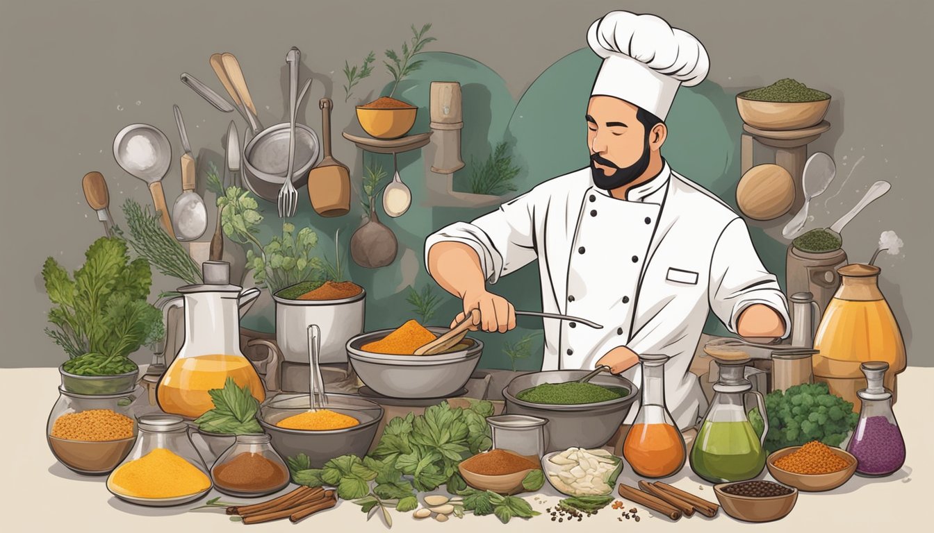 A chef blending ingredients from different cuisines, surrounded by a variety of spices, herbs, and cooking utensils