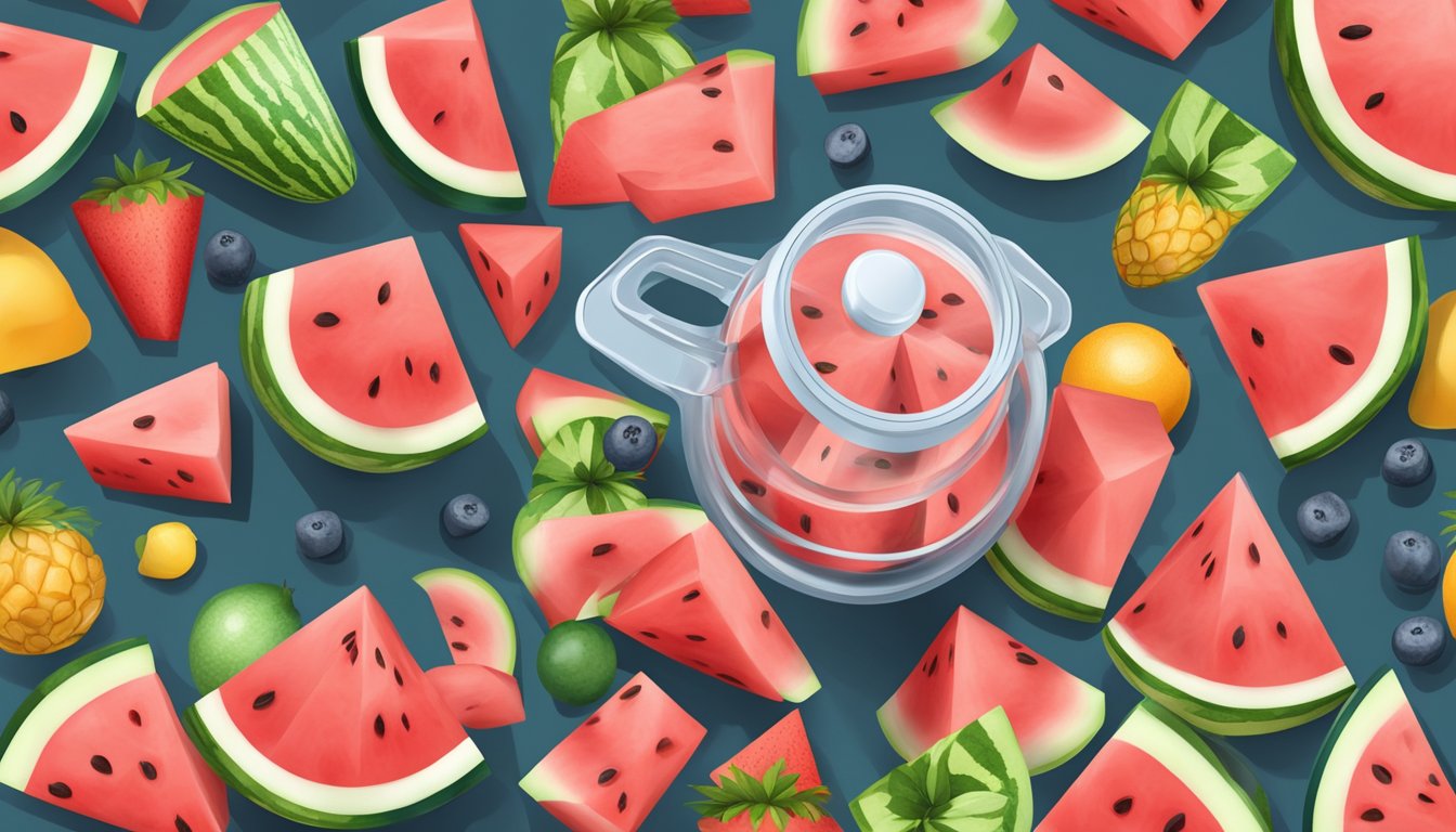 A measuring cup filled with watermelon cubes, surrounded by various fruits and a nutrition label