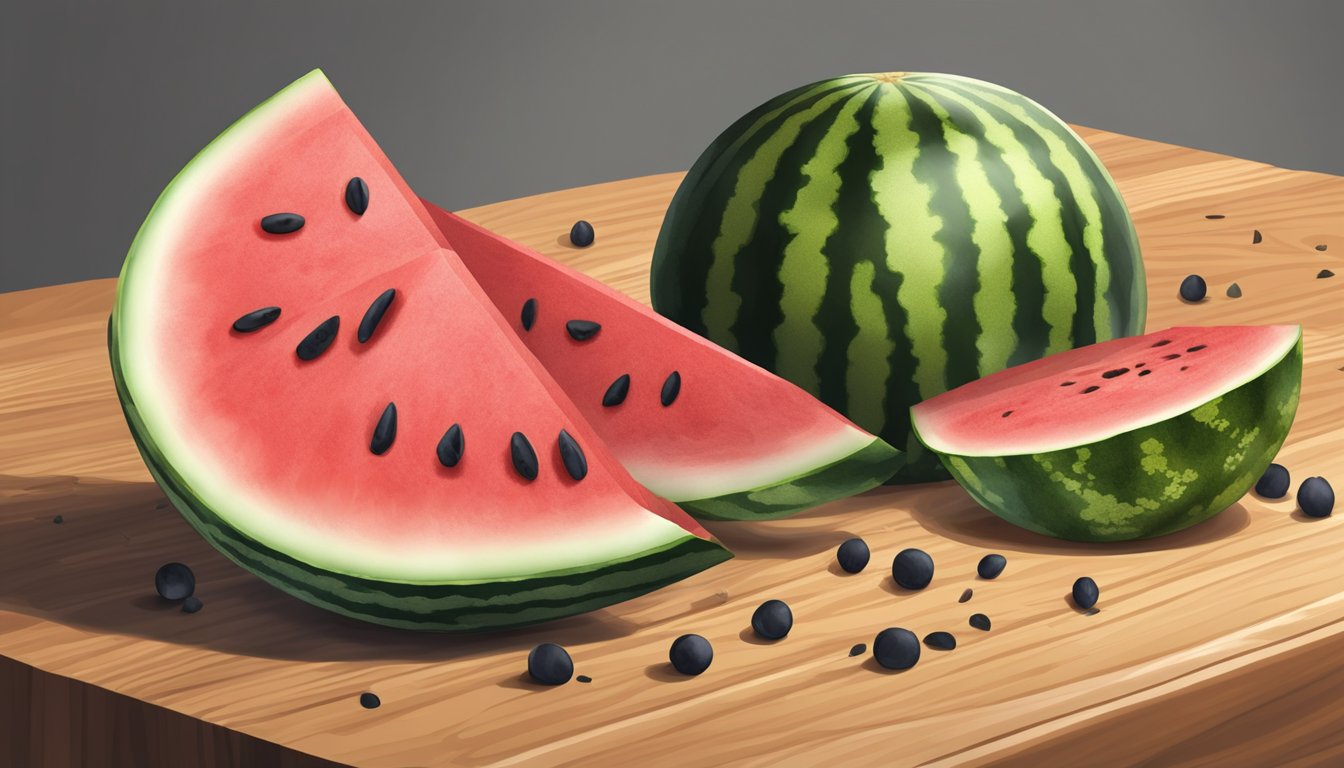 A sliced watermelon with visible rubbery texture, surrounded by scattered seeds on a wooden cutting board