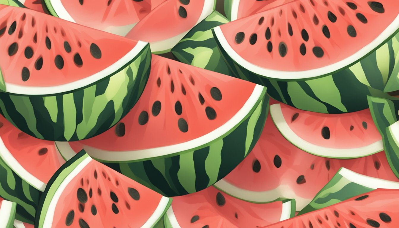 A sliced watermelon with white flesh, surrounded by scattered seeds on a wooden cutting board