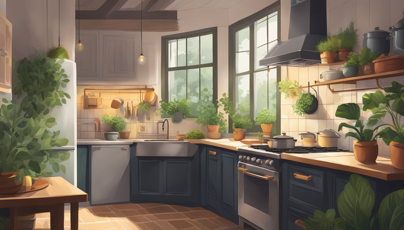 A dimly lit kitchen with a pot simmering on the stove, surrounded by calming greenery and soft lighting