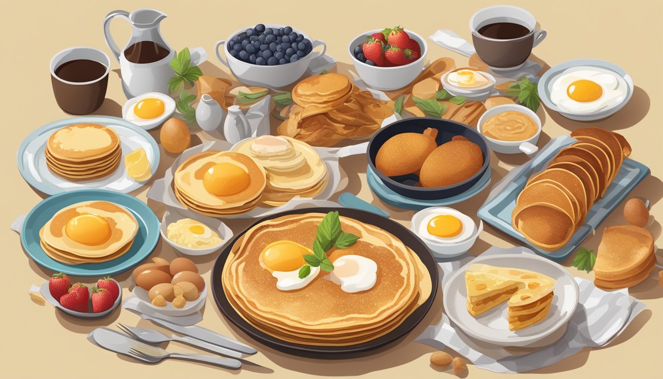 A table set with various brunch dishes, including eggs, pancakes, fruit, and pastries, surrounded by cooking utensils and ingredients