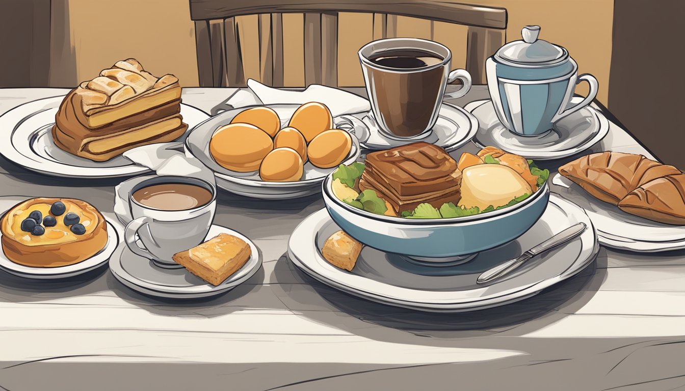 A table set with a variety of brunch dishes, including eggs, pastries, fruit, and coffee. A chef's hat and apron are draped over a chair, and a notepad and pen sit nearby for menu planning