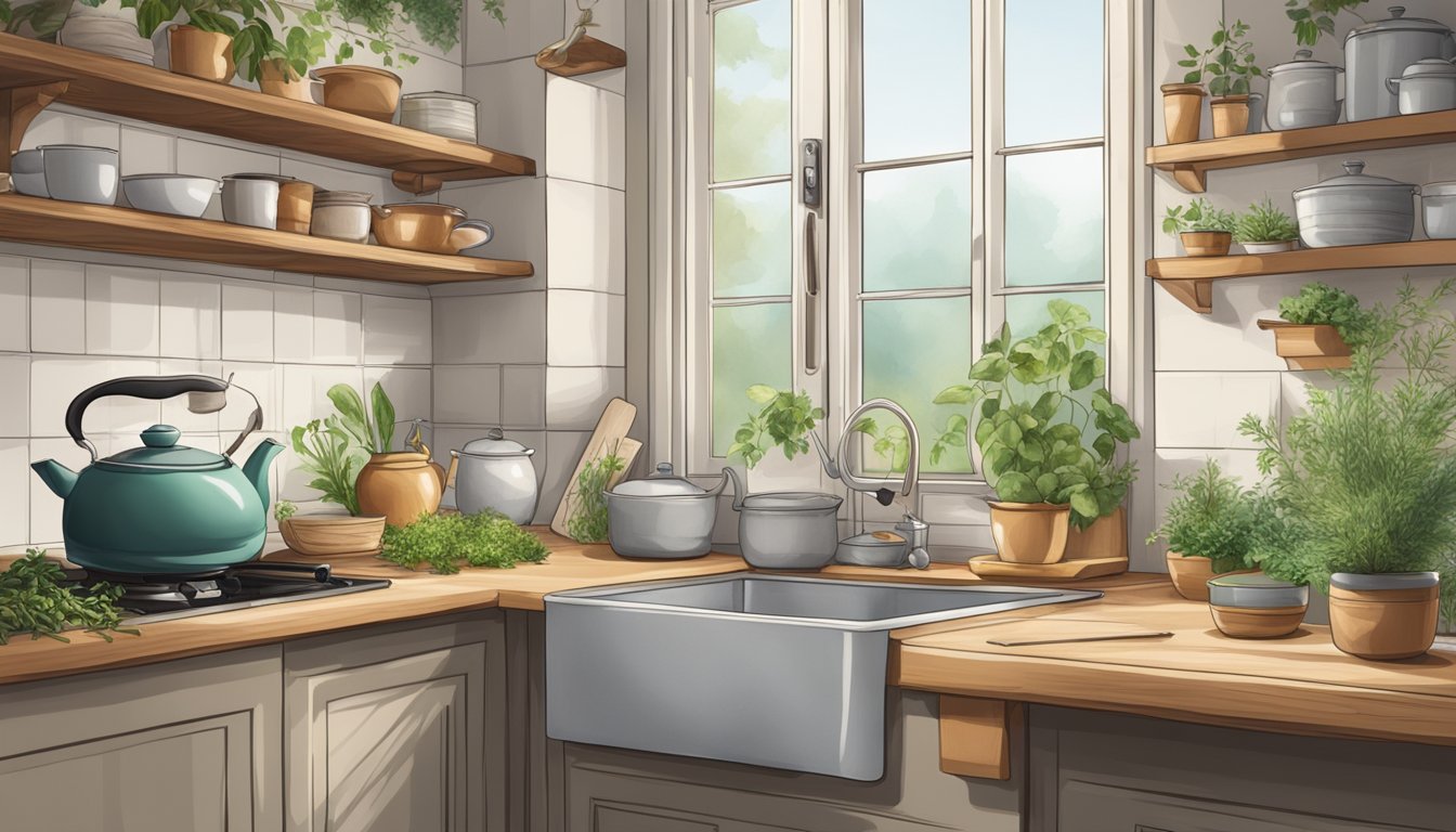 A serene kitchen with calming herbs and natural remedies on the counter, a pot simmering on the stove, and a cozy tea corner for relaxation