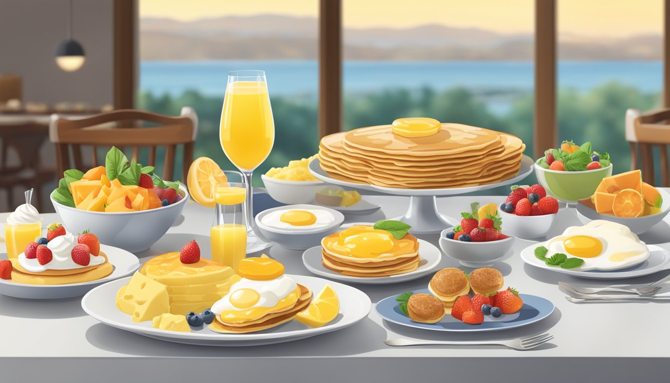 A table set with a variety of classic brunch dishes, such as pancakes, eggs benedict, fruit salad, and mimosas, arranged in an inviting and appetizing display