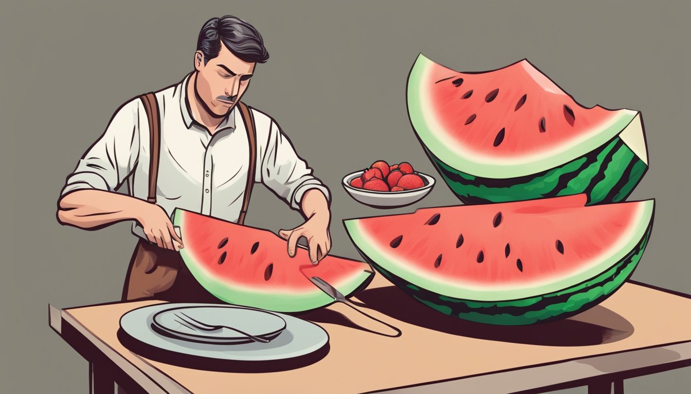 A person cutting open a watermelon and tasting a slice with a disappointed expression