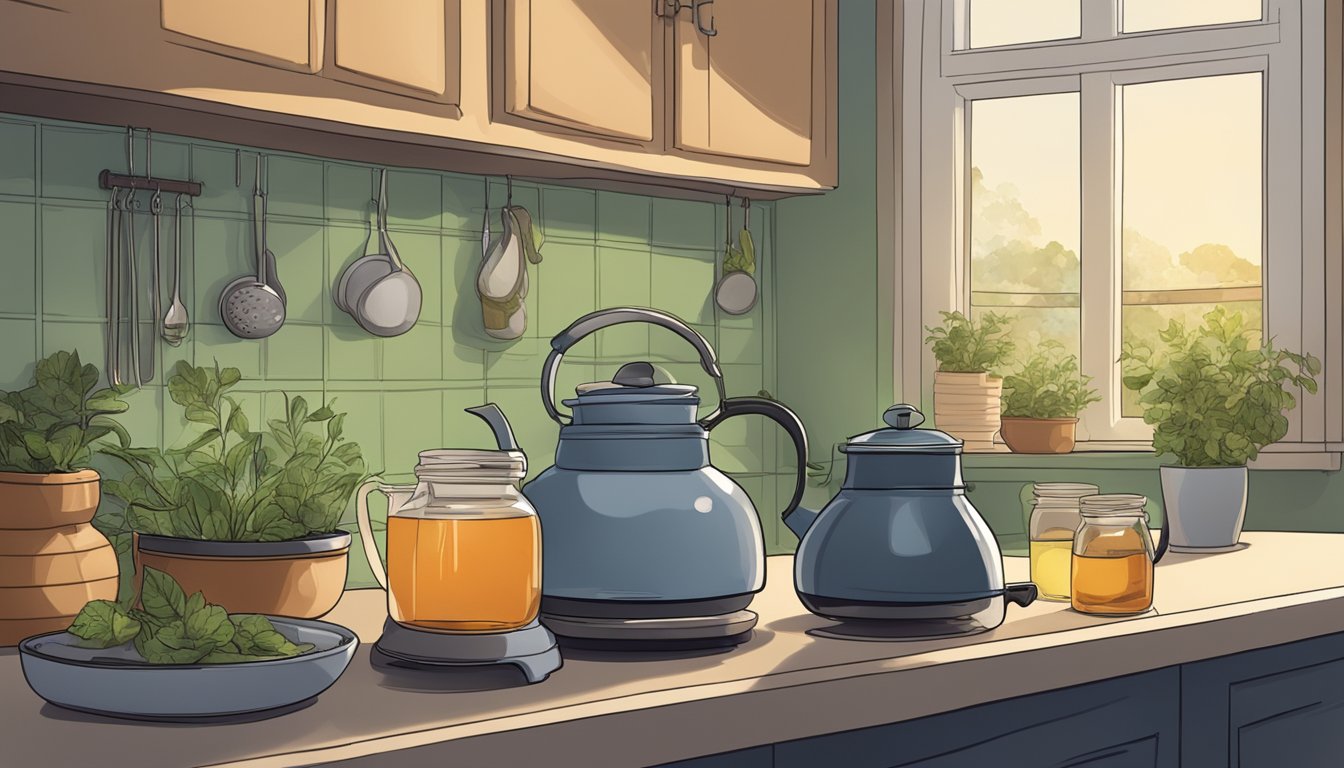 A dimly lit kitchen with a pot simmering on the stove, a tea kettle steaming, and a jar of soothing herbal tea on the counter