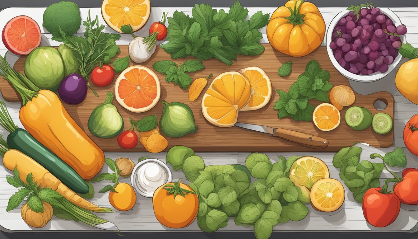 A table filled with vibrant, fresh seasonal fruits and vegetables, alongside a variety of herbs and spices. A chef's knife and cutting board are ready for use