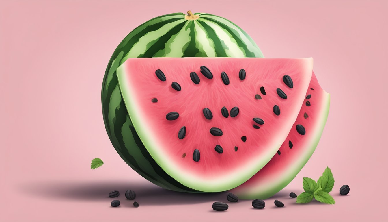 A whole watermelon with its green skin removed, revealing the vibrant pink flesh and black seeds inside